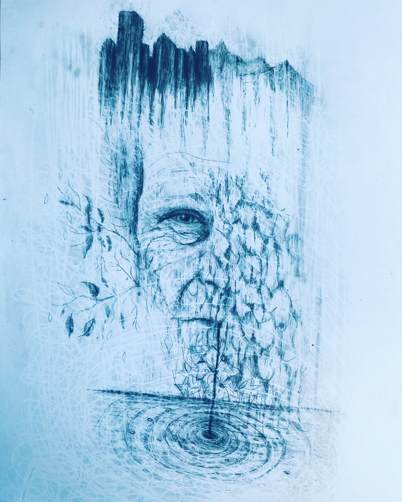 Effacement arbre/portrait (2022 - crayon sur papier A3)